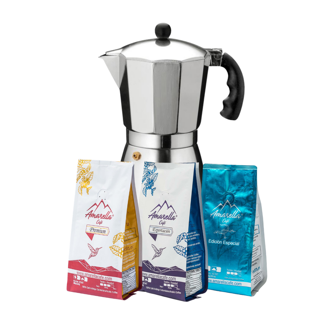 Promo 3 cafés (Especial - Exportación - Premium) y Cafetera Luna 3 tazas